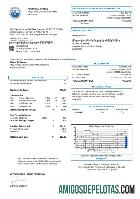 realista Modelo de conta de serviços públicos do Cazaquistão Astana Su Arnasy em formato Word e PDF (.doc e .pdf)